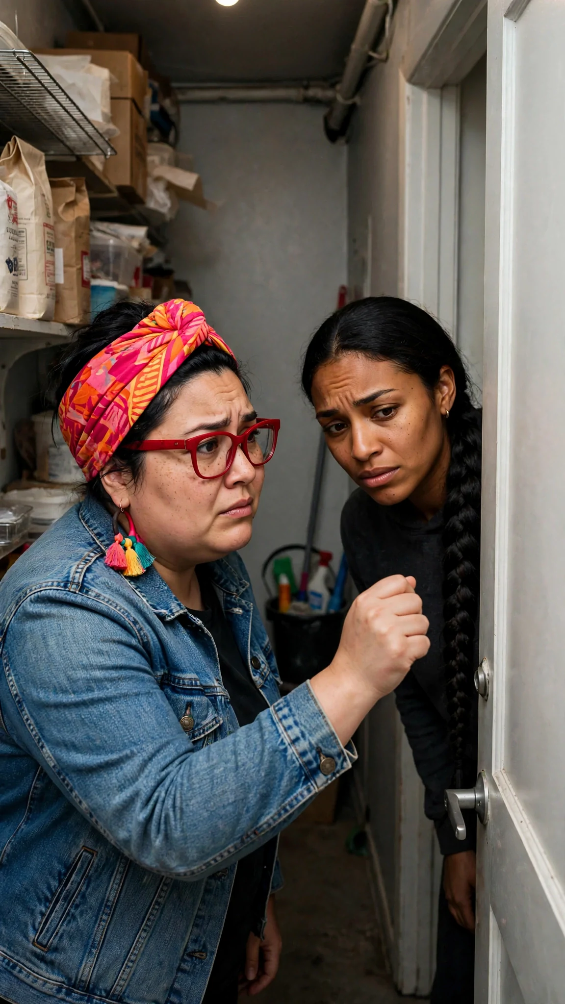 Two friends crowd the closed bathroom door in the back of the cake shop.