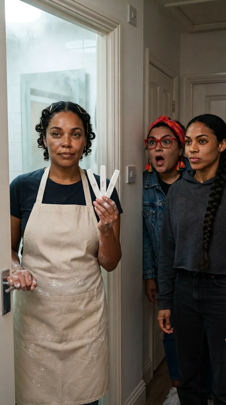 Jolene opens the bathroom door holding three tests fanned out like cards.