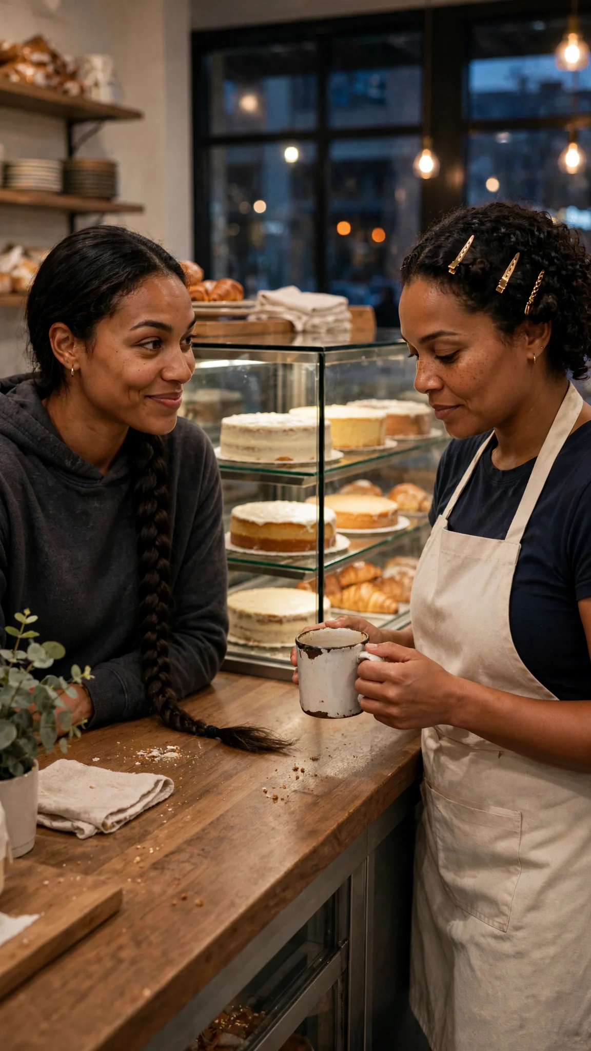 Lupe leans against the counter, teasing gently while Jolene holds a mug.