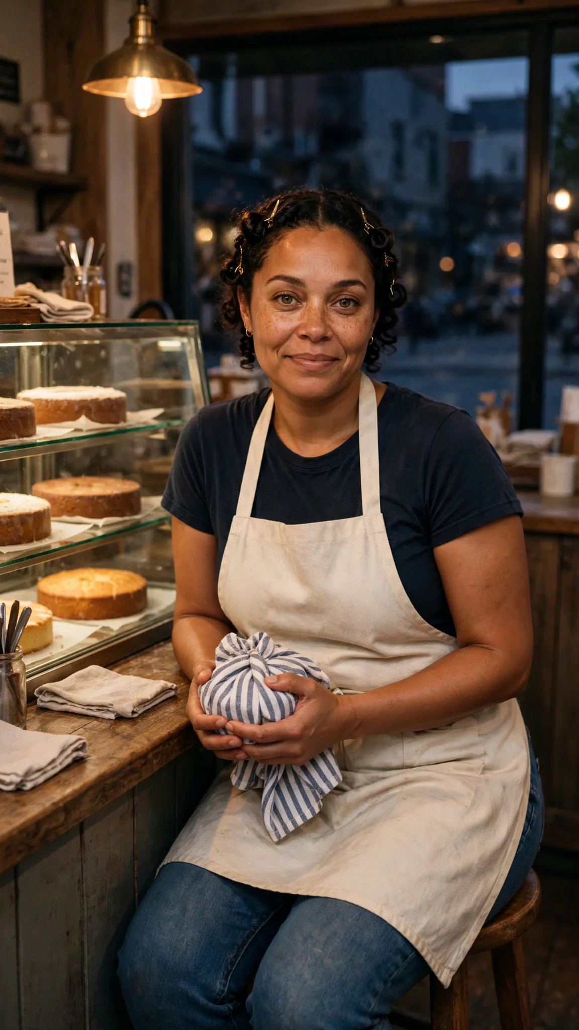 Jolene sits alone at the shop counter with three tests wrapped in a dish towel.