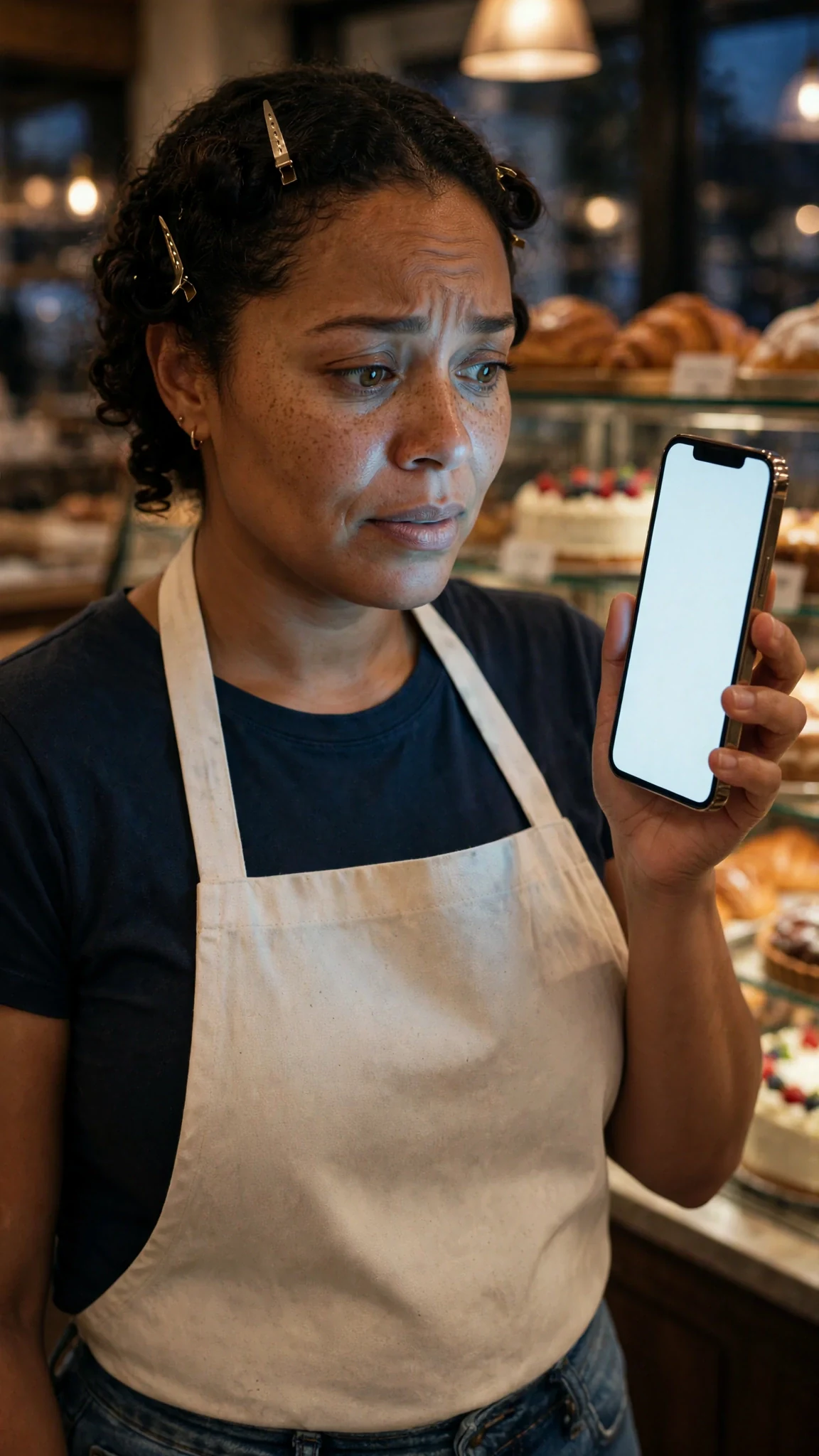 Jolene holds her phone and stares at a message from an unknown number.