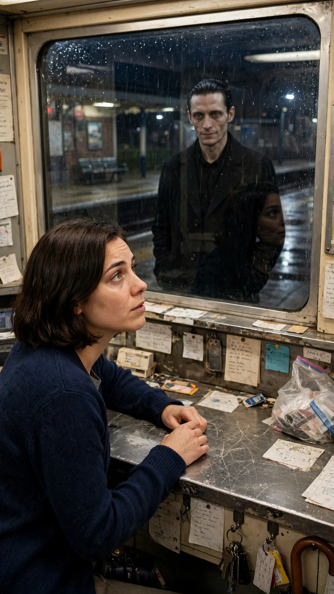 A young woman in a navy cardigan stands behind a station lost property counter at night, facing a pale man in a long black coat.
