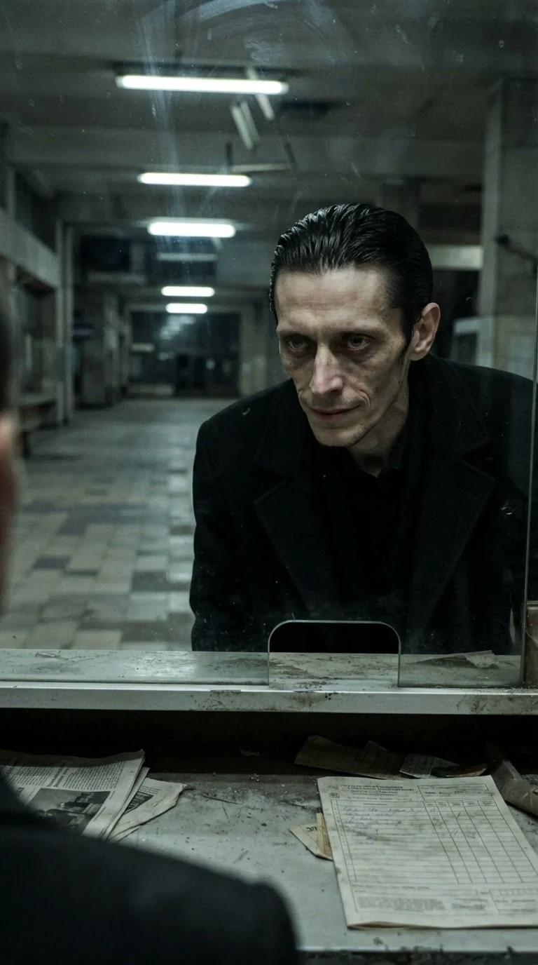 The pale man leans toward the counter hatch, grey eyes fixed on her.