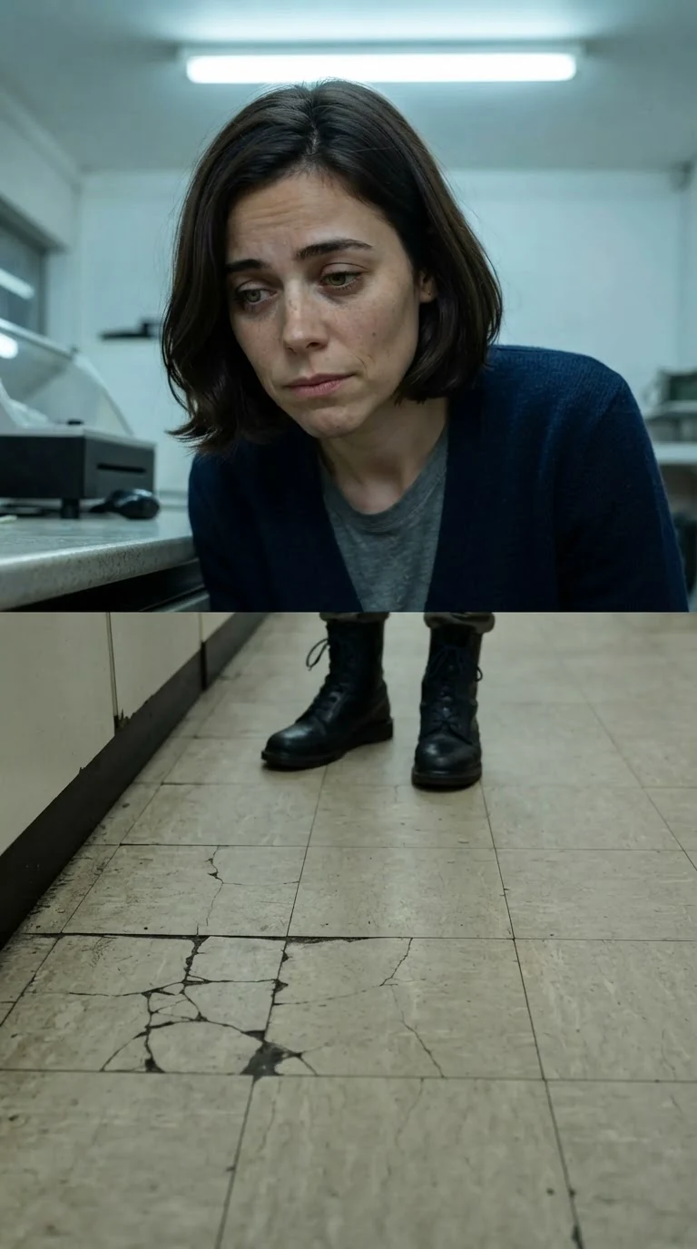 She glances down at the floor behind his boots where no shadow falls.