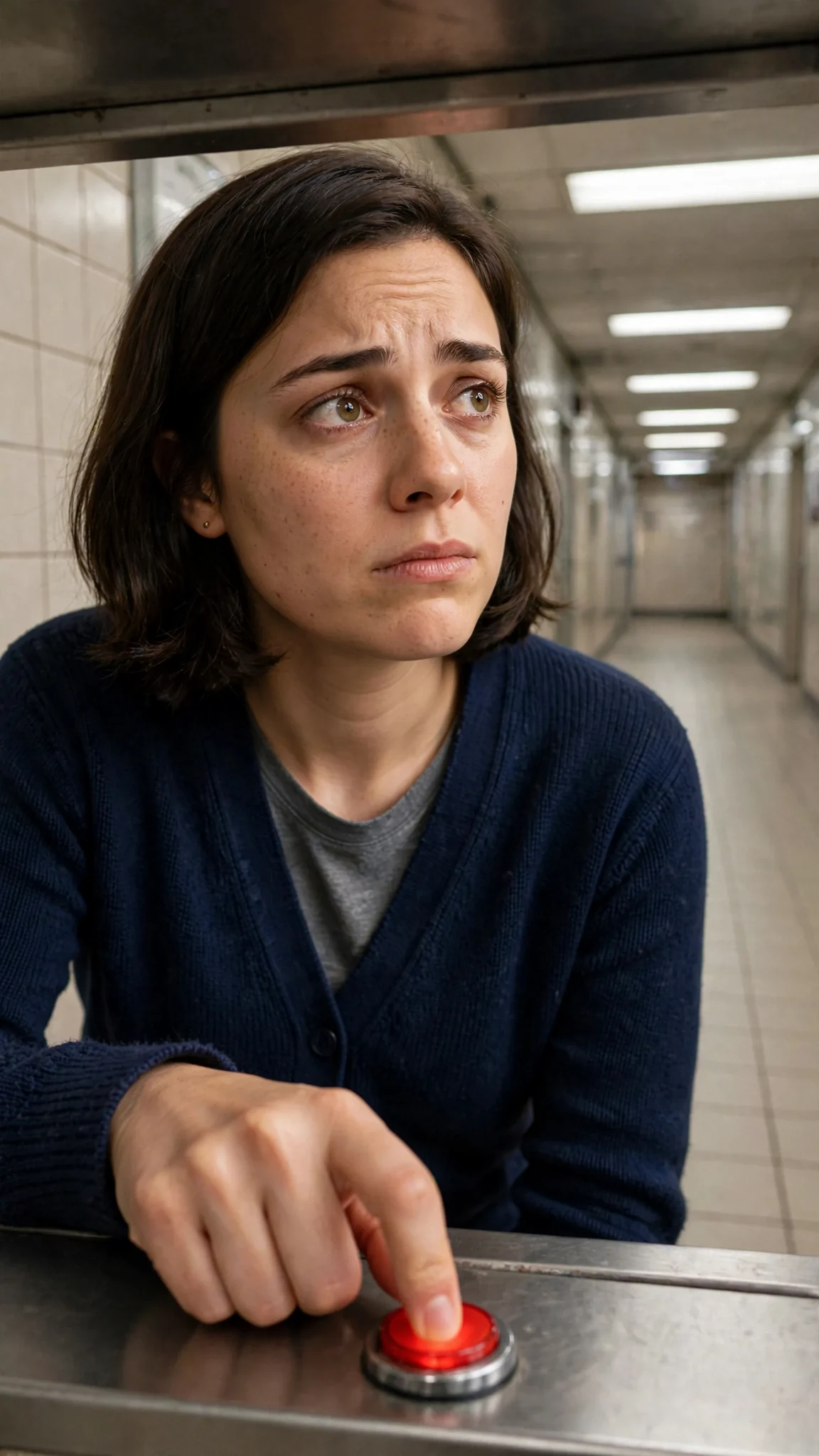 Her thumb presses a red buzzer under the counter, her eyes on the empty corridor.
