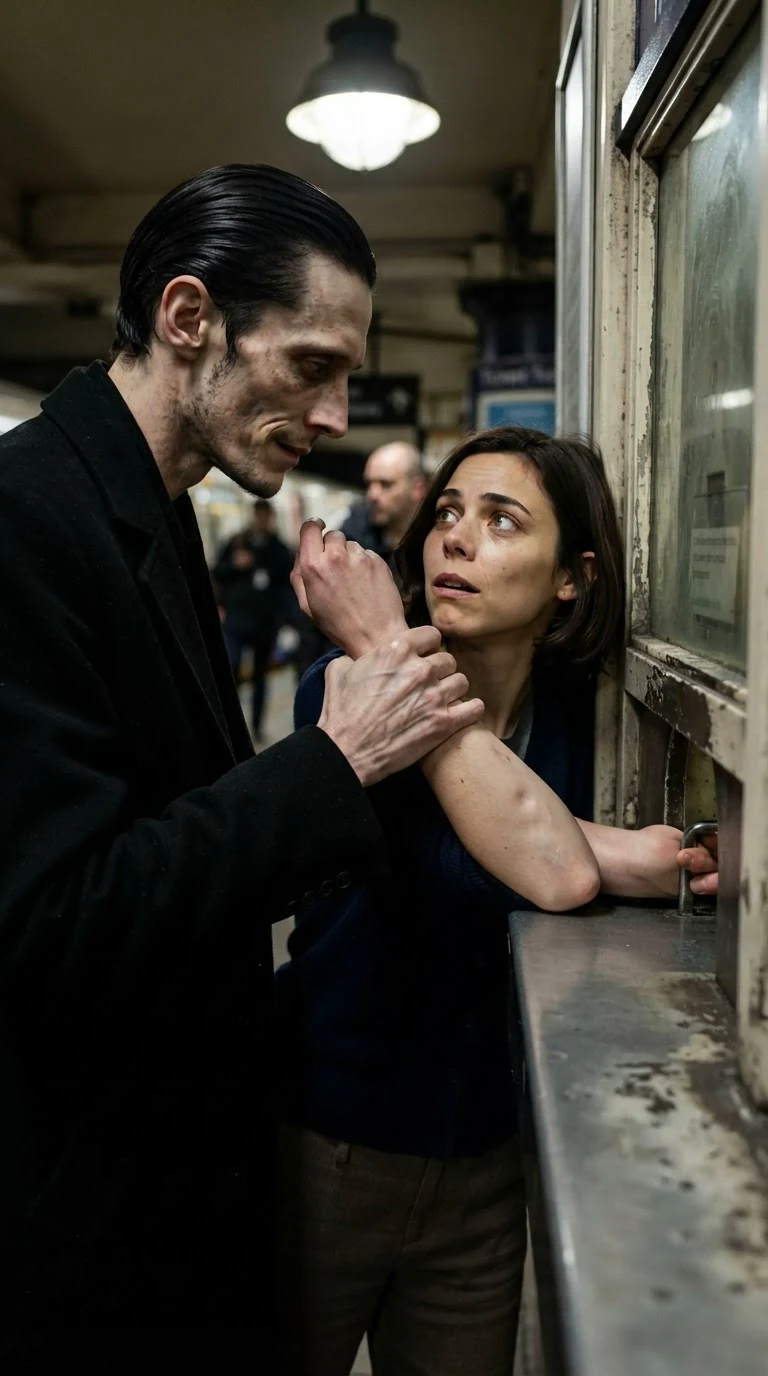 A pale hand clamps around her wrist through the gap in the glass.