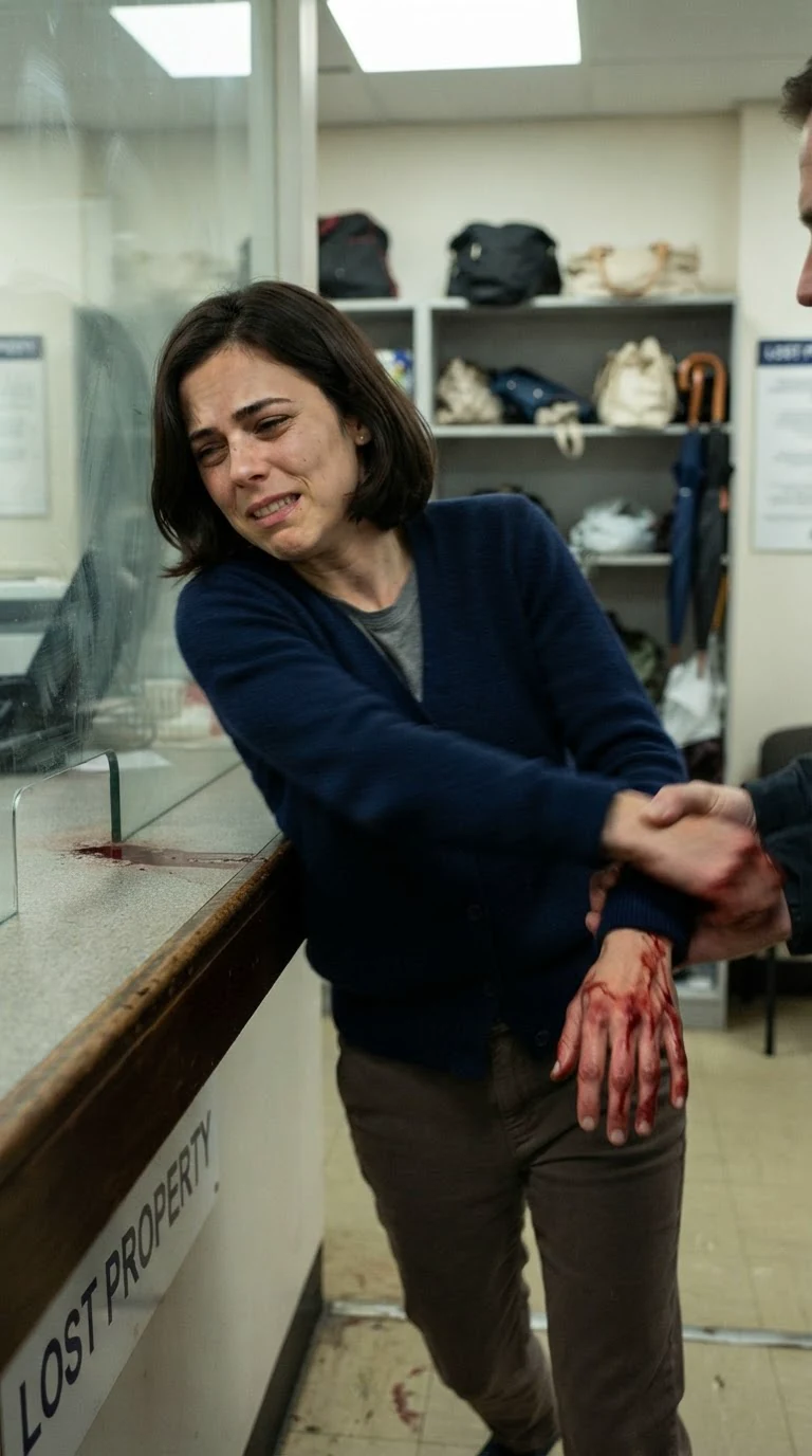 She yanks back, her shoulder slamming the glass, blood on her palm.