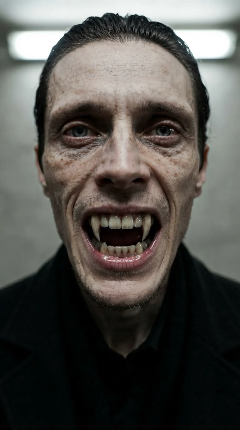 His mouth opens far too wide and long fangs slide down.