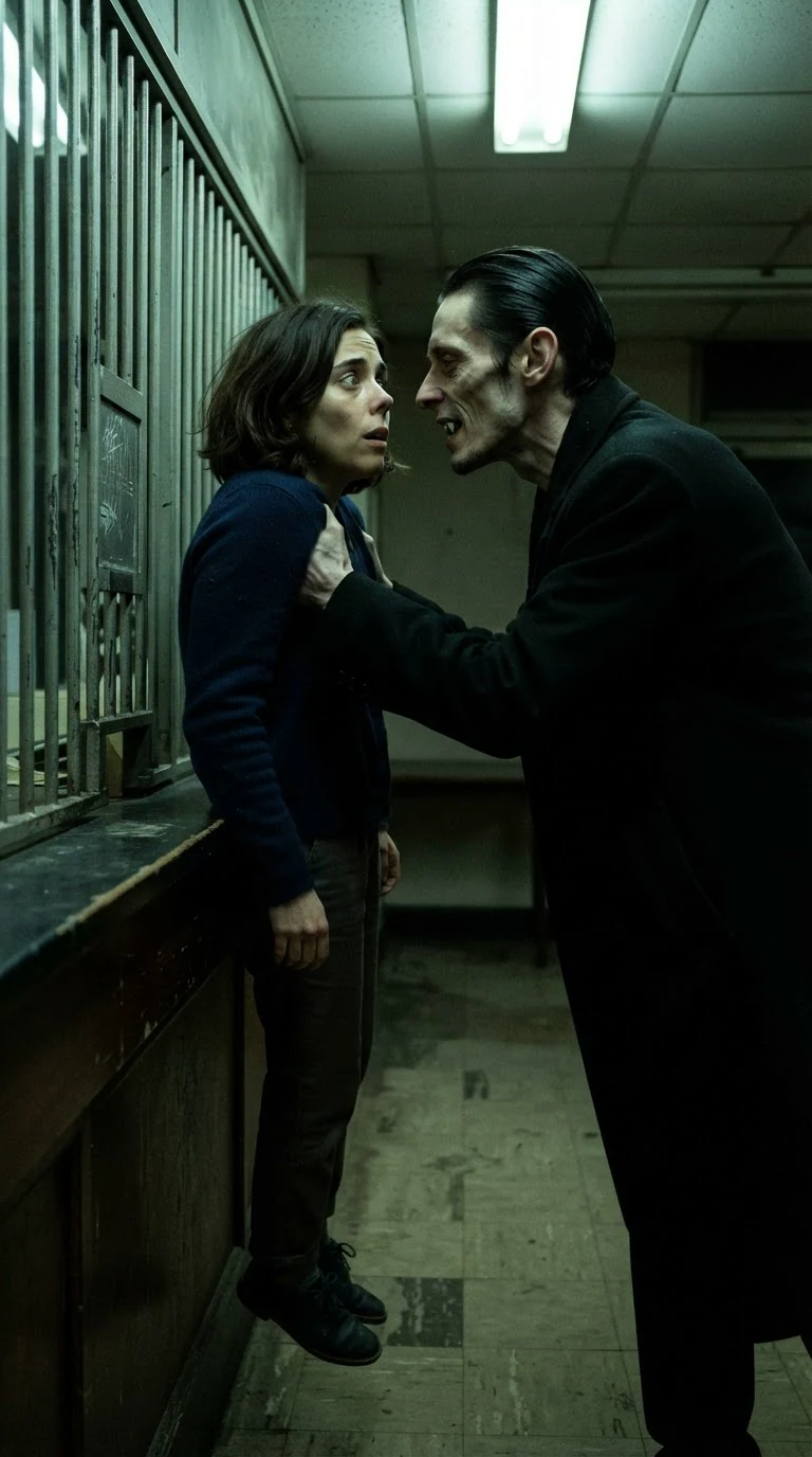 He drags her up against the grille, speaking into her face.