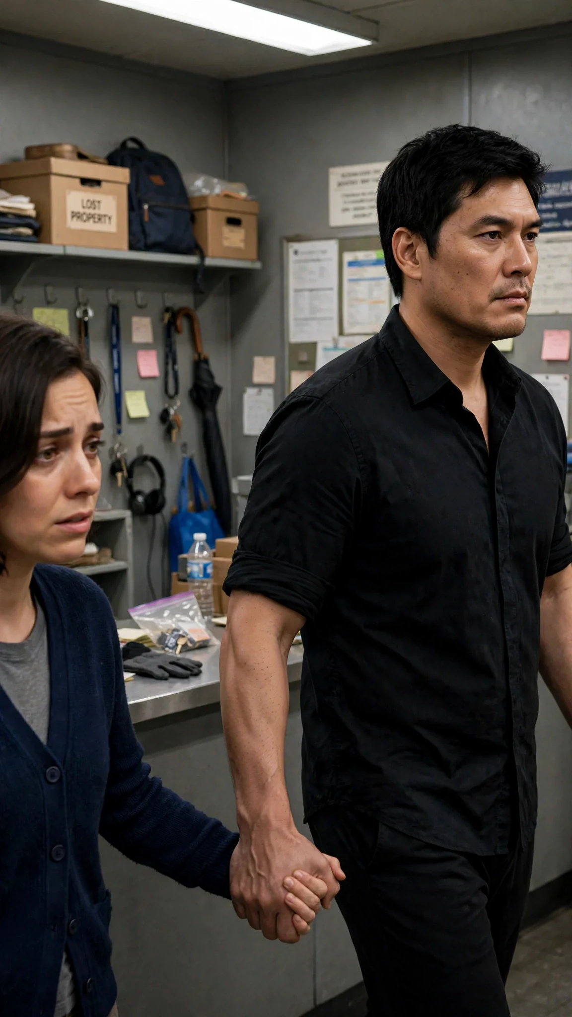A tall broad-shouldered man in a black shirt appears behind her, eyes on Rennick.