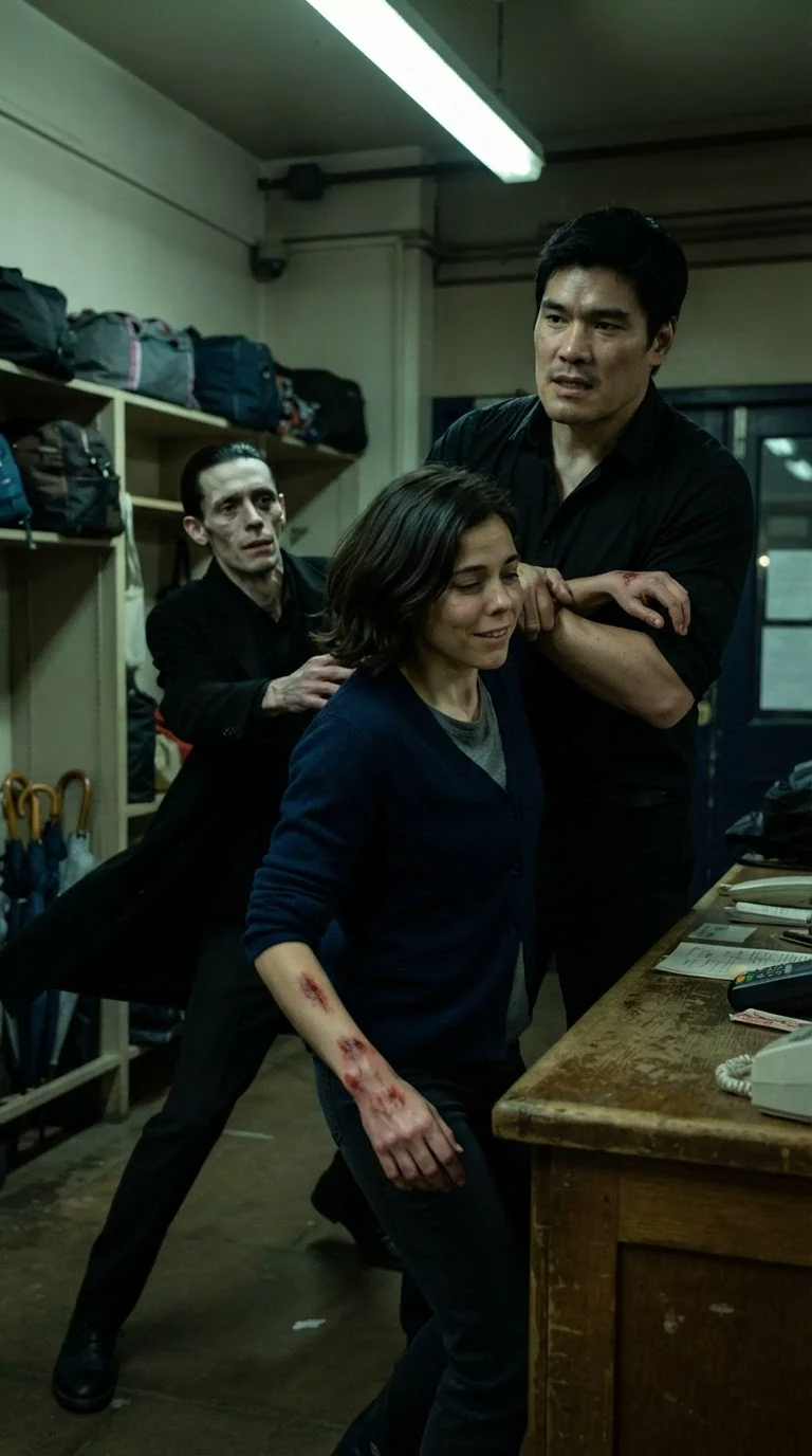 Ambrose hauls her over the counter as Rennick's grip tears loose.