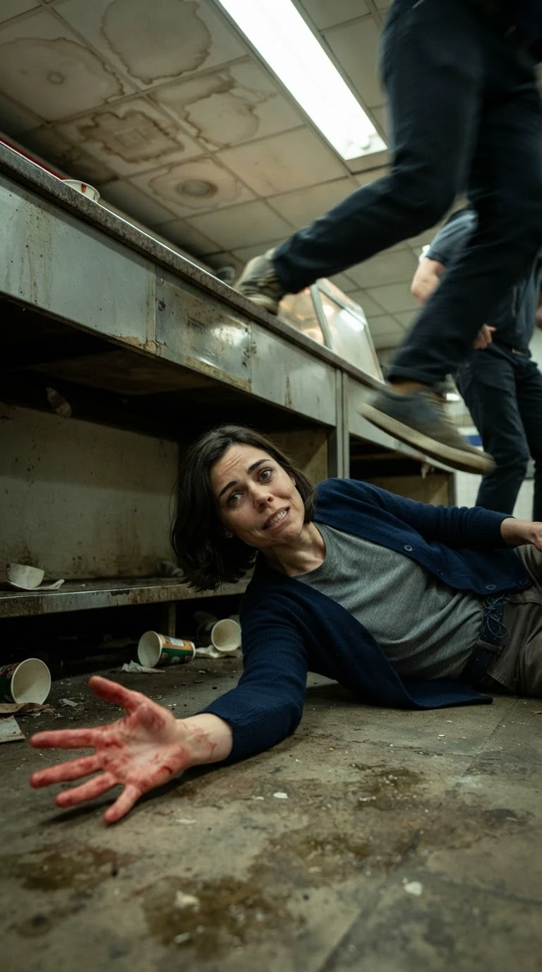 She lies on the floor behind the counter, staring at ceiling tiles, listening.