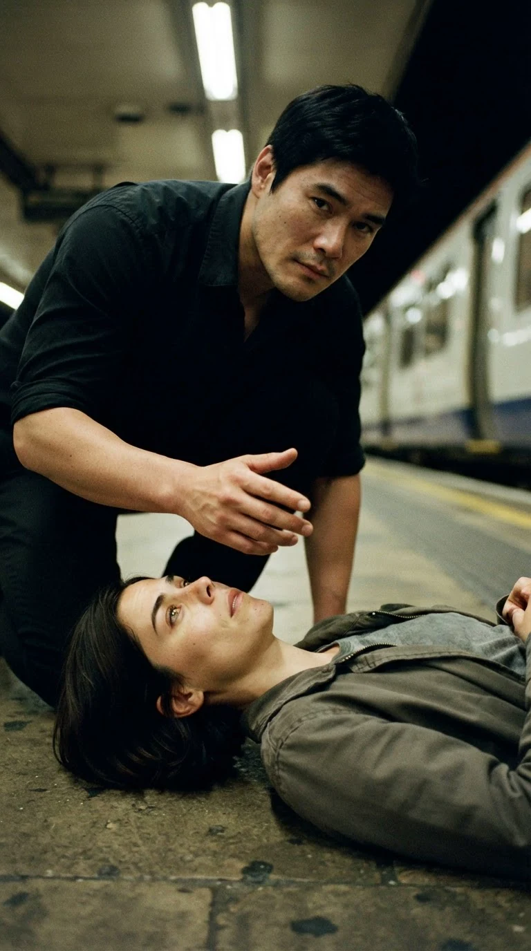 Ambrose kneels over her, dark eyes steady, one hand out.