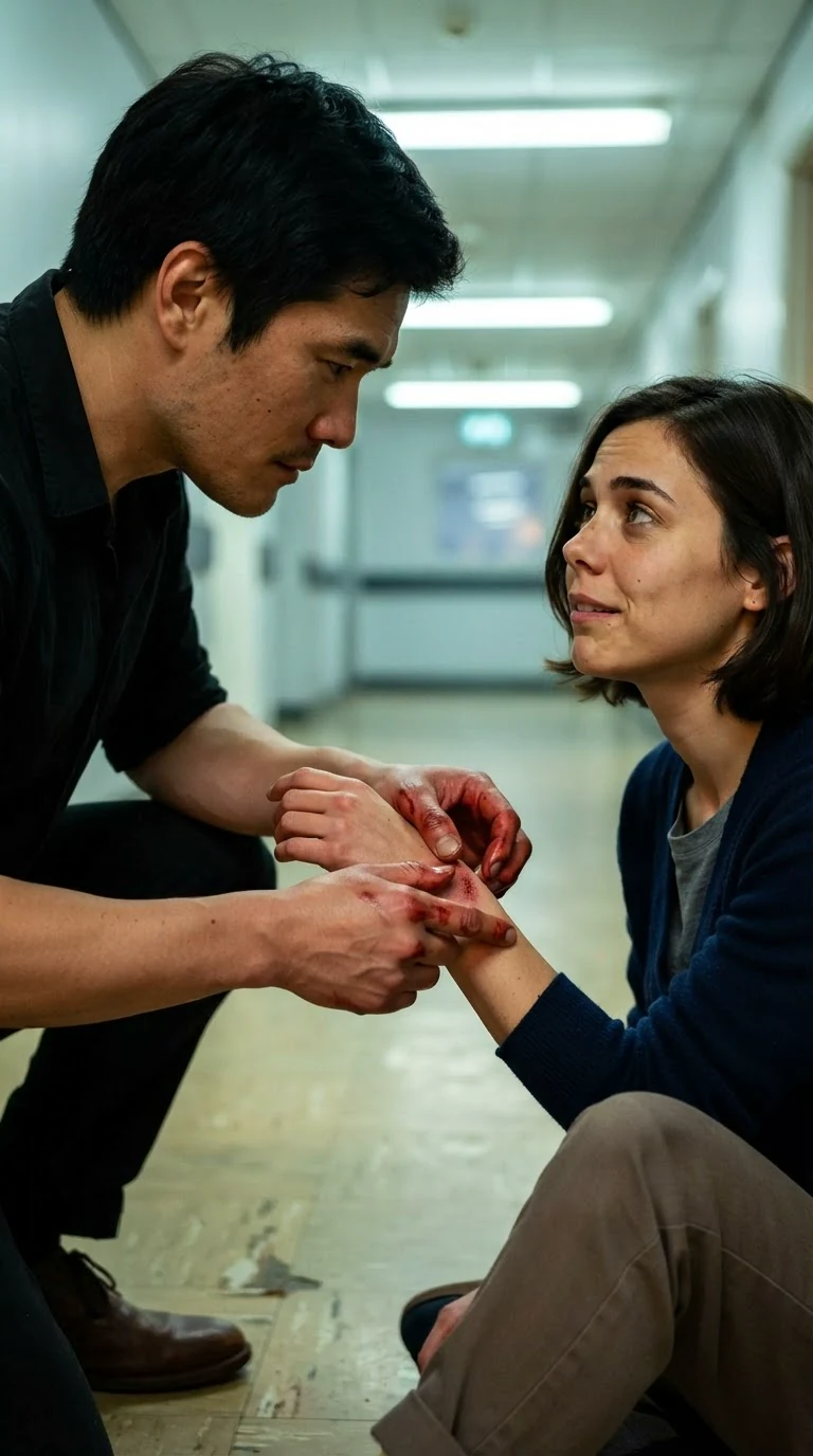 He cradles her wrist, thumb resting on her pulse, both of them very still.