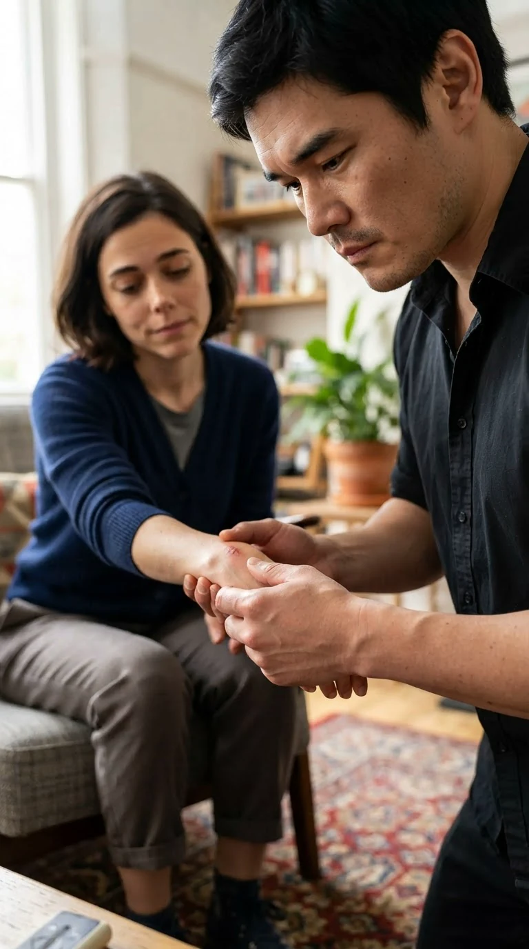 He glances down at her wrist and answers without looking up.