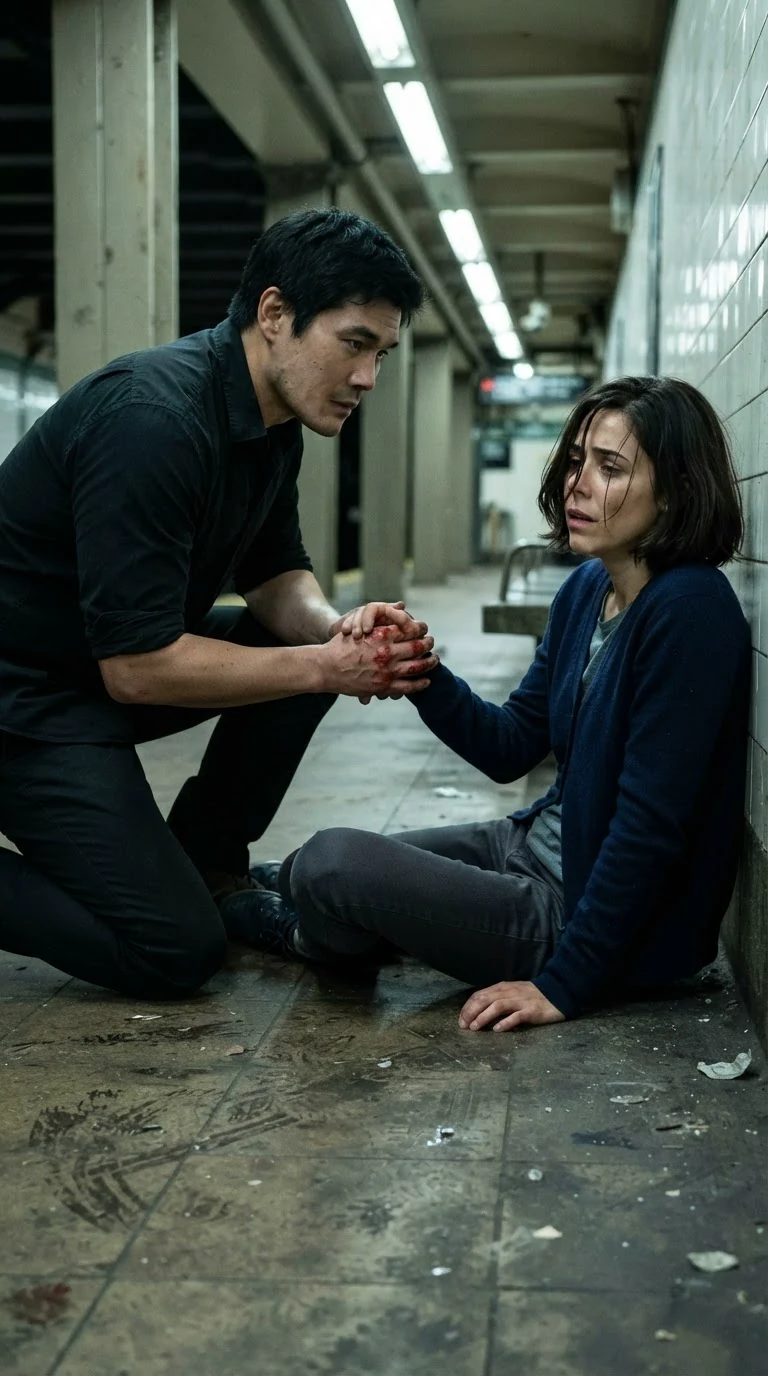 He stays kneeling on the floor, still holding her hand, waiting.