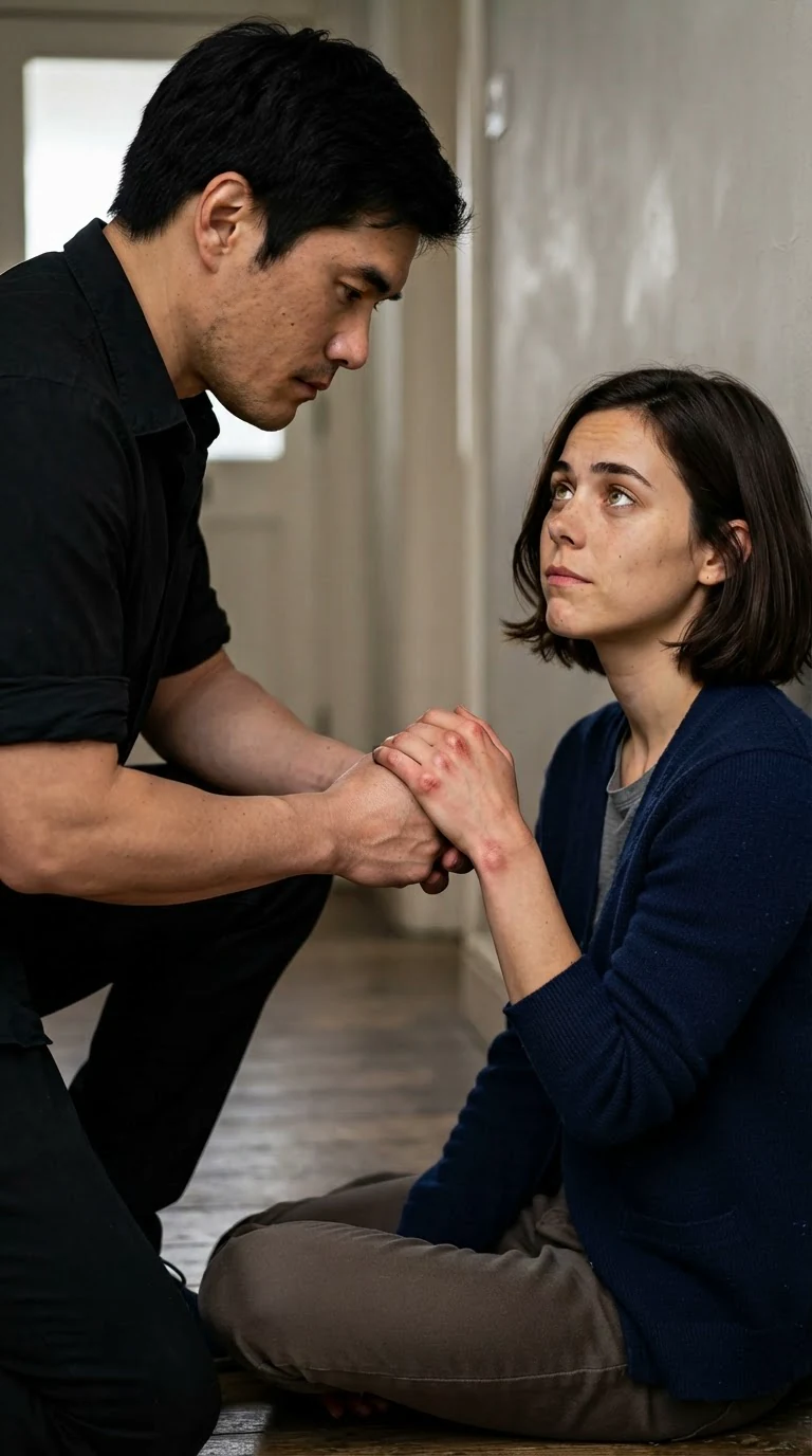 She looks up at him, still gripping his hand, asking the question.