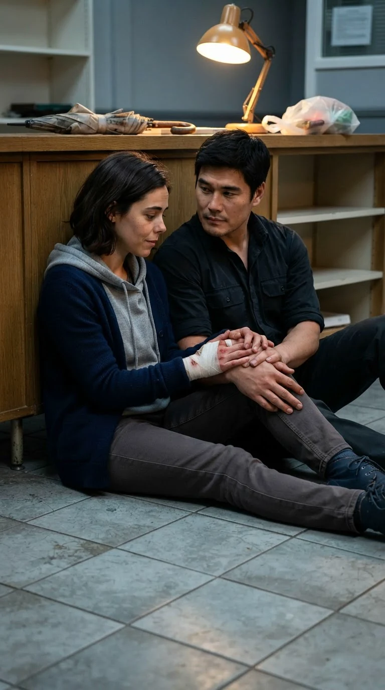 They sit on the floor behind the counter, close, her eyes on his face.