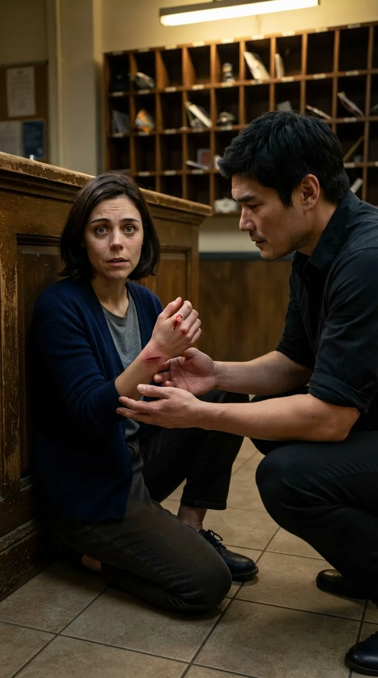 A woman sits on the floor behind a lost property counter holding up a bleeding wrist while a big dark-haired man crouches in front of her.