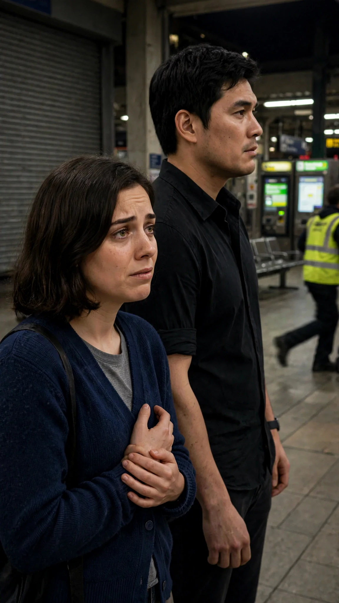 A woman and a tall man look down an empty station concourse as the shutters roll down by themselves.