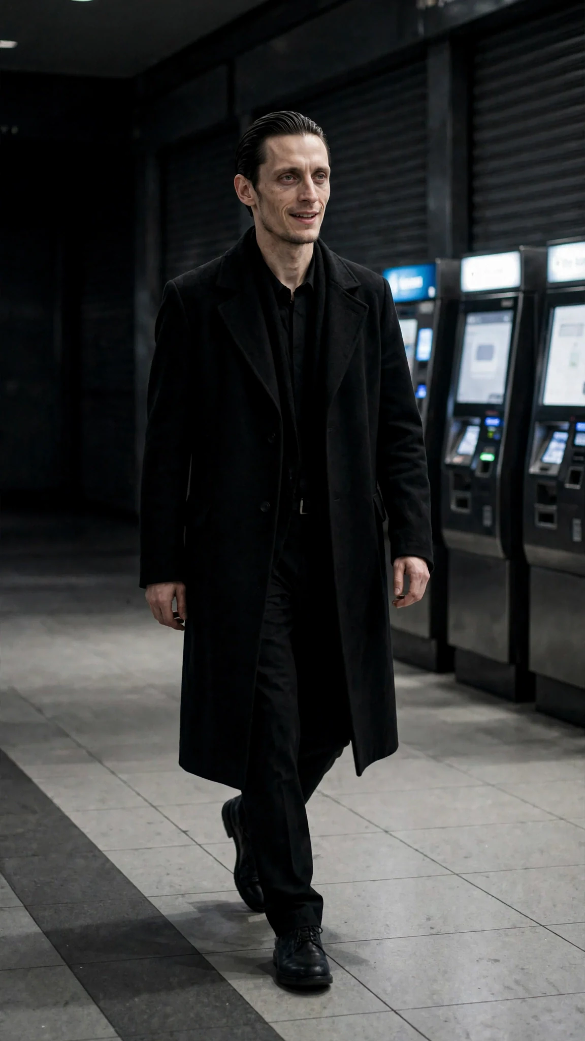 A gaunt pale man in a long black coat steps out of shadow by the ticket machines, with no shadow on the floor.