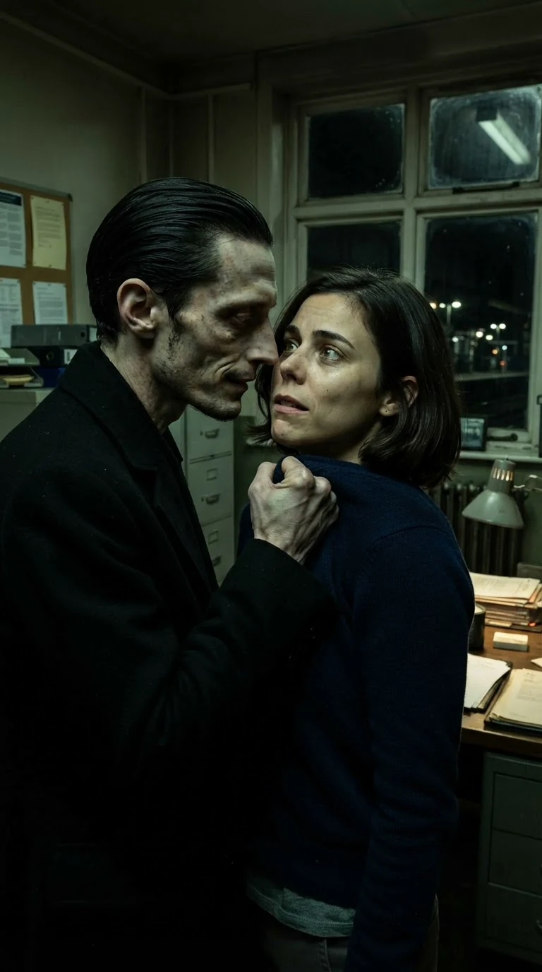 The pale man twists his fist into the woman's cardigan collar and drags her up off balance.