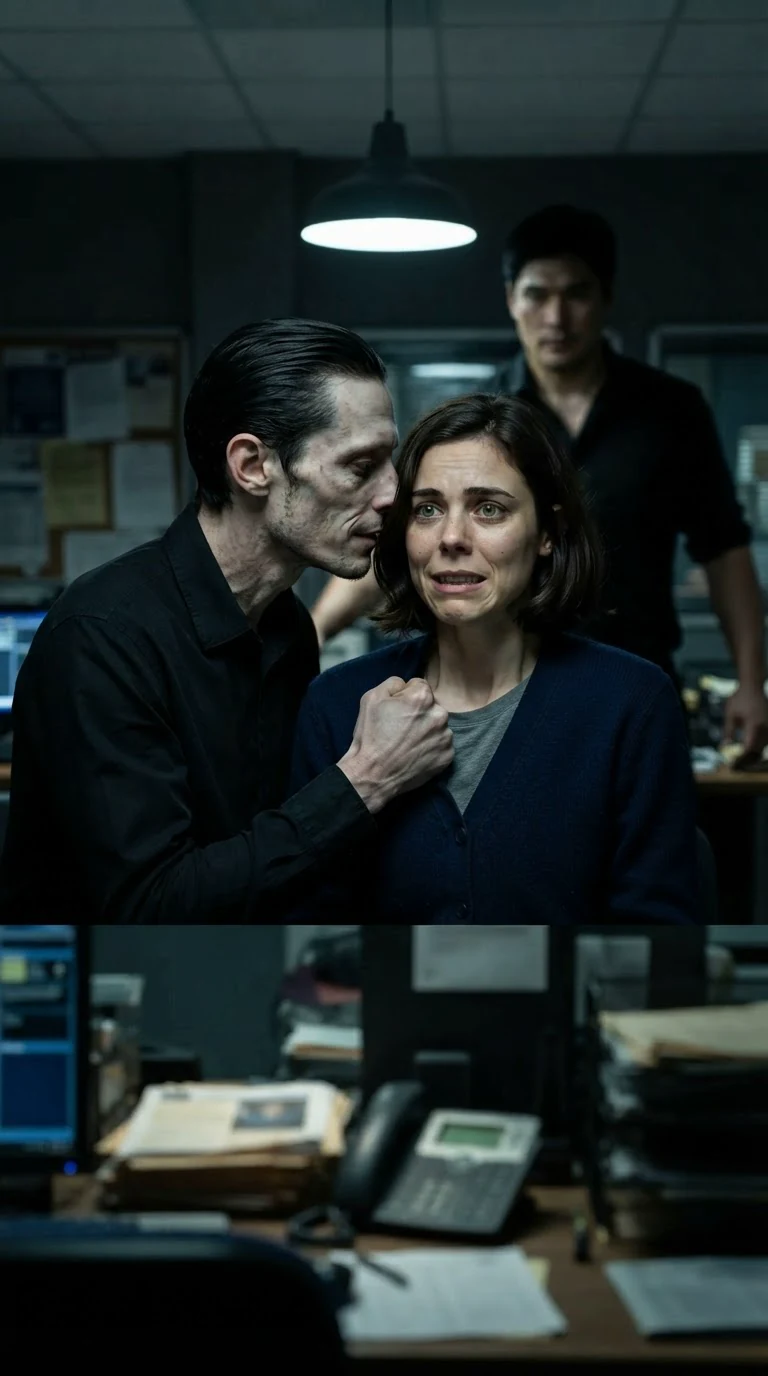 The pale man's mouth is at her ear, snarling, his fist still in her collar.