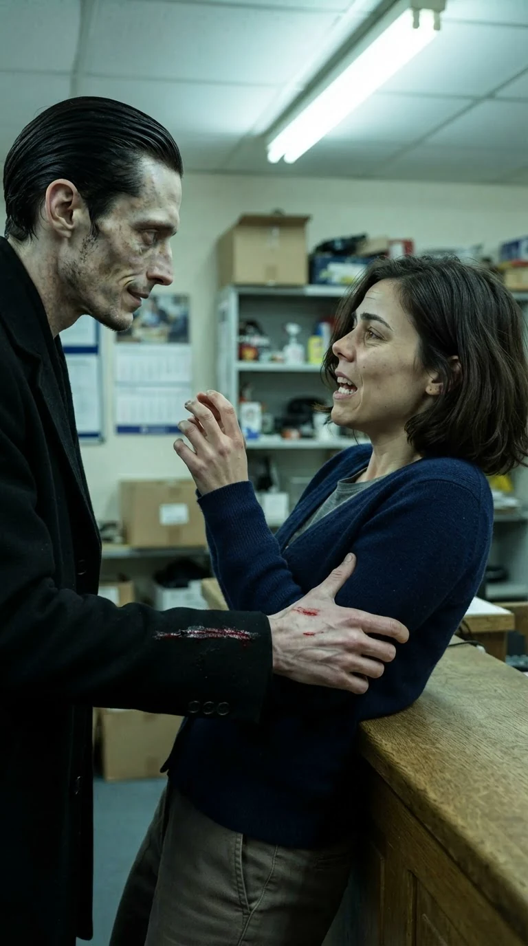 The woman is shoved hard against the edge of the wooden counter, her face twisted, blood smeared on the man's sleeve.