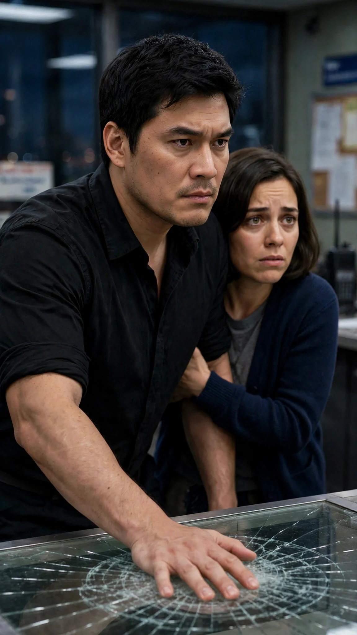 The tall man's hand cracks the glass of the counter as he steps in front of her, jaw tight.