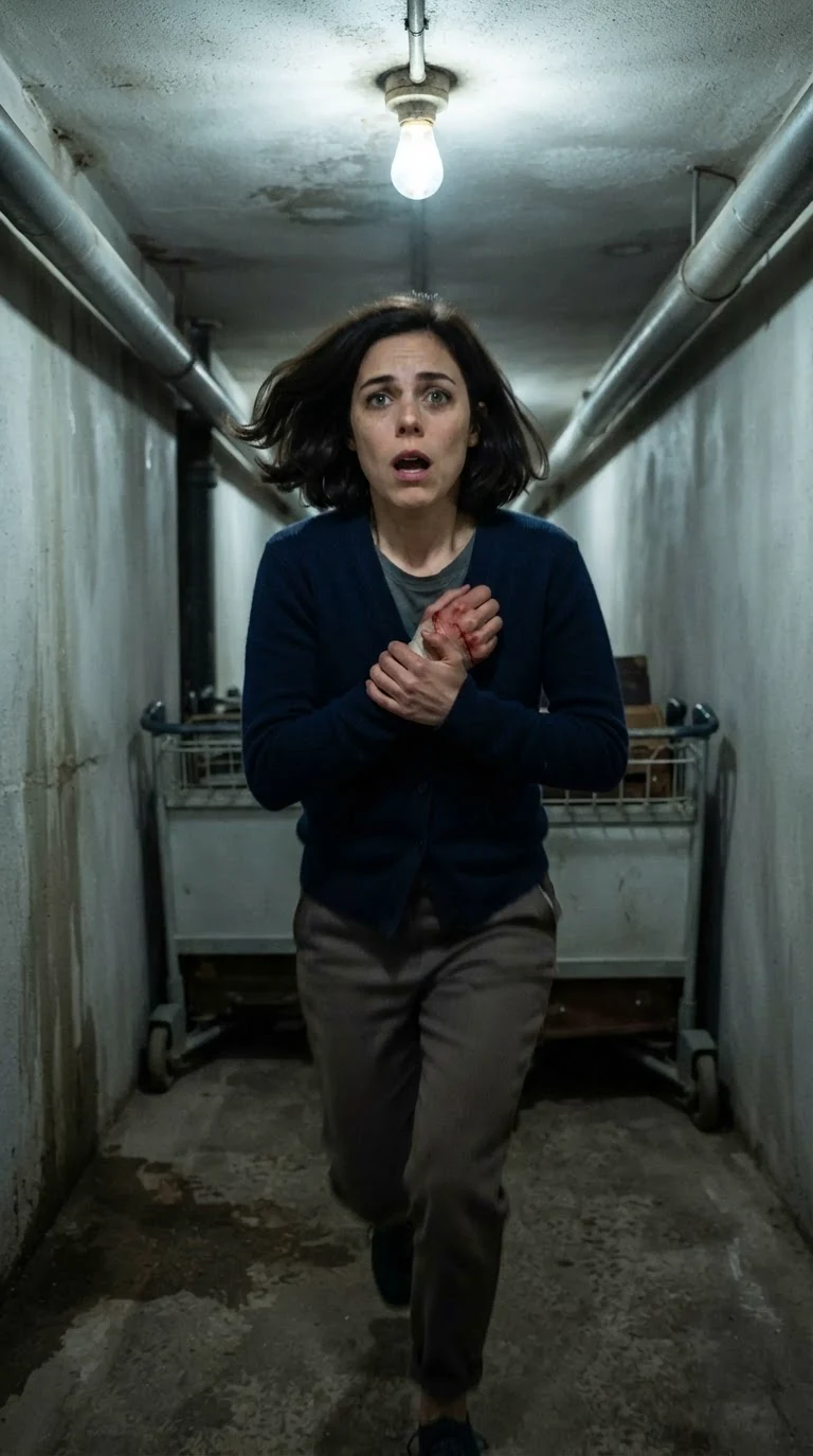 A woman runs alone down a low grey service tunnel with pipes overhead and luggage trolleys stacked against the wall.