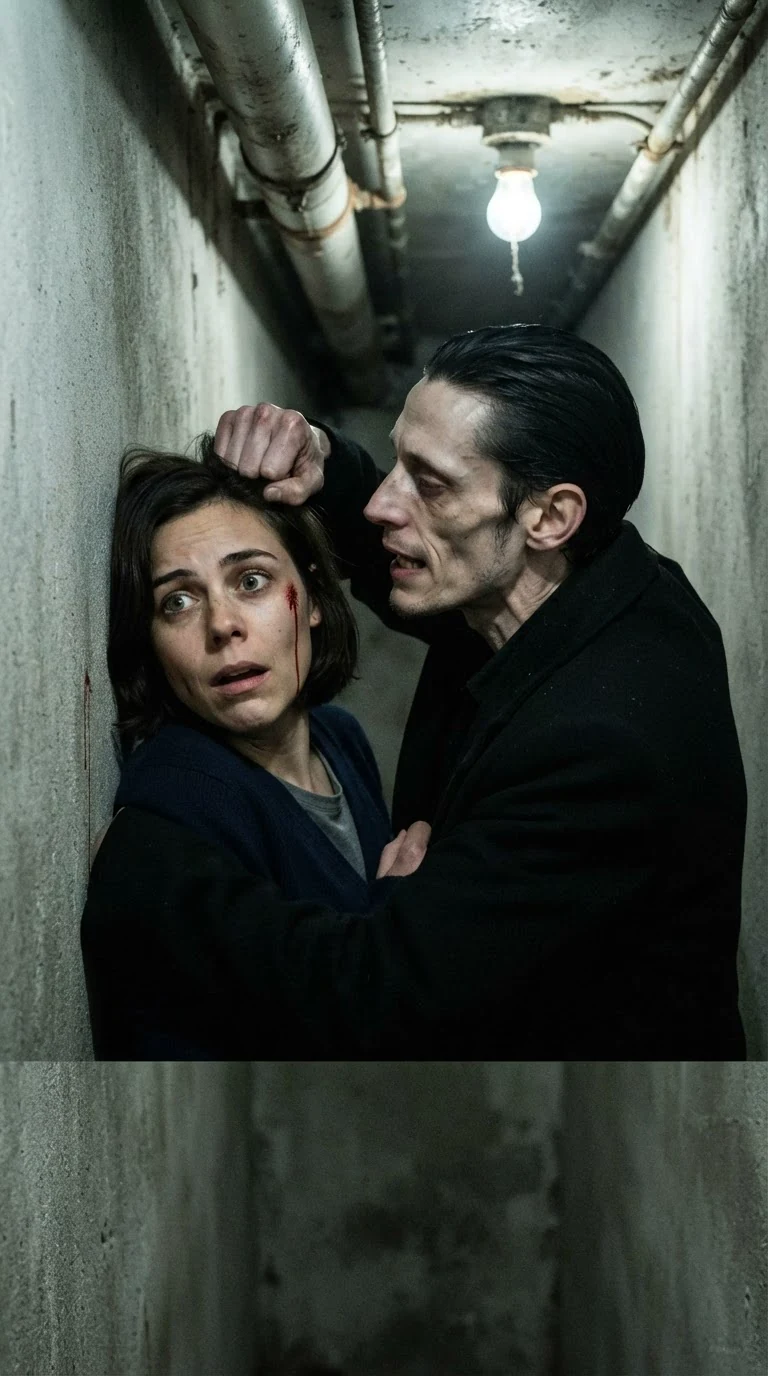 In the tunnel, the pale man drags her by the hair and slams her cheek into the concrete wall.