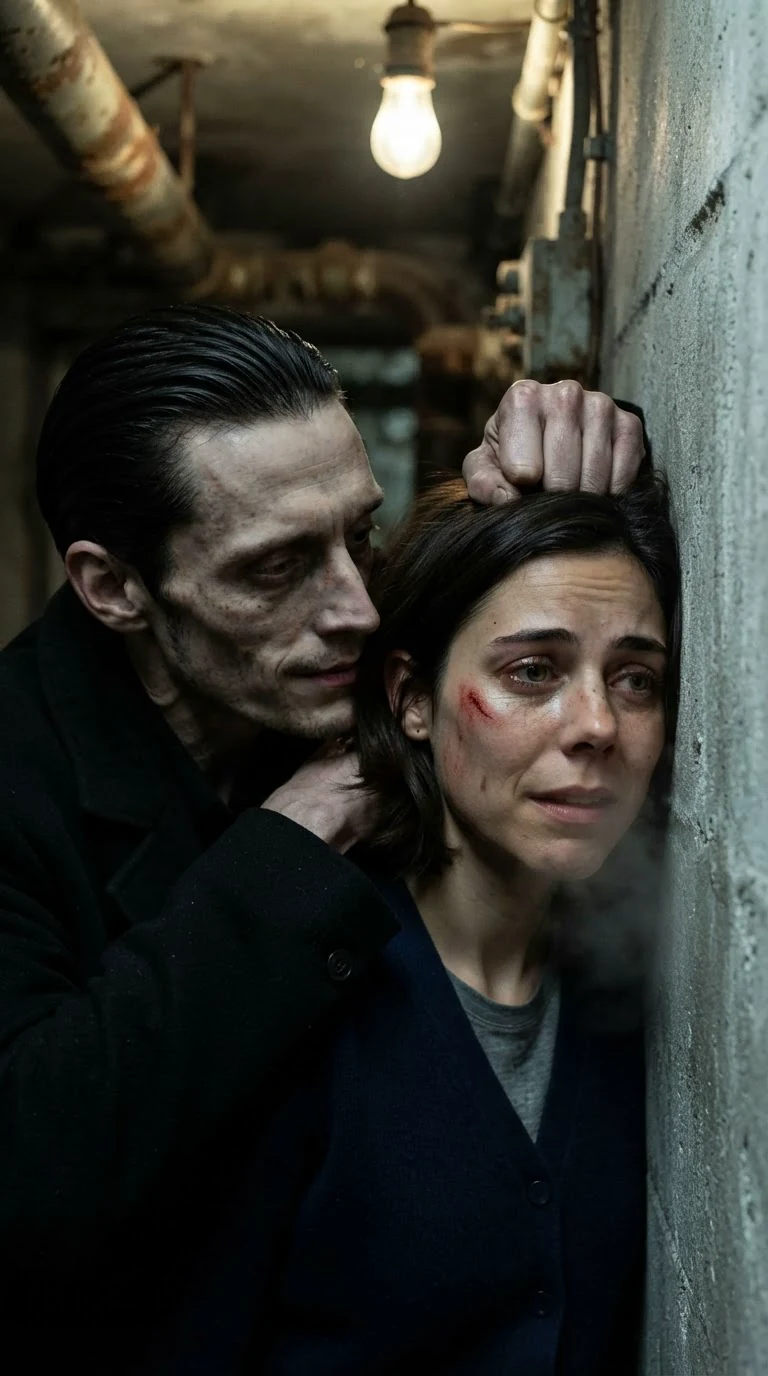 The pale man holds her against the wall, whispering into her ear, her face crushed sideways.