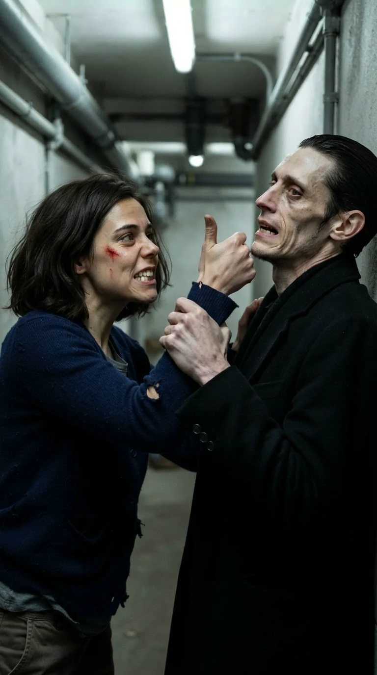 The woman jams her thumb at the pale man's eye and he recoils, swearing.