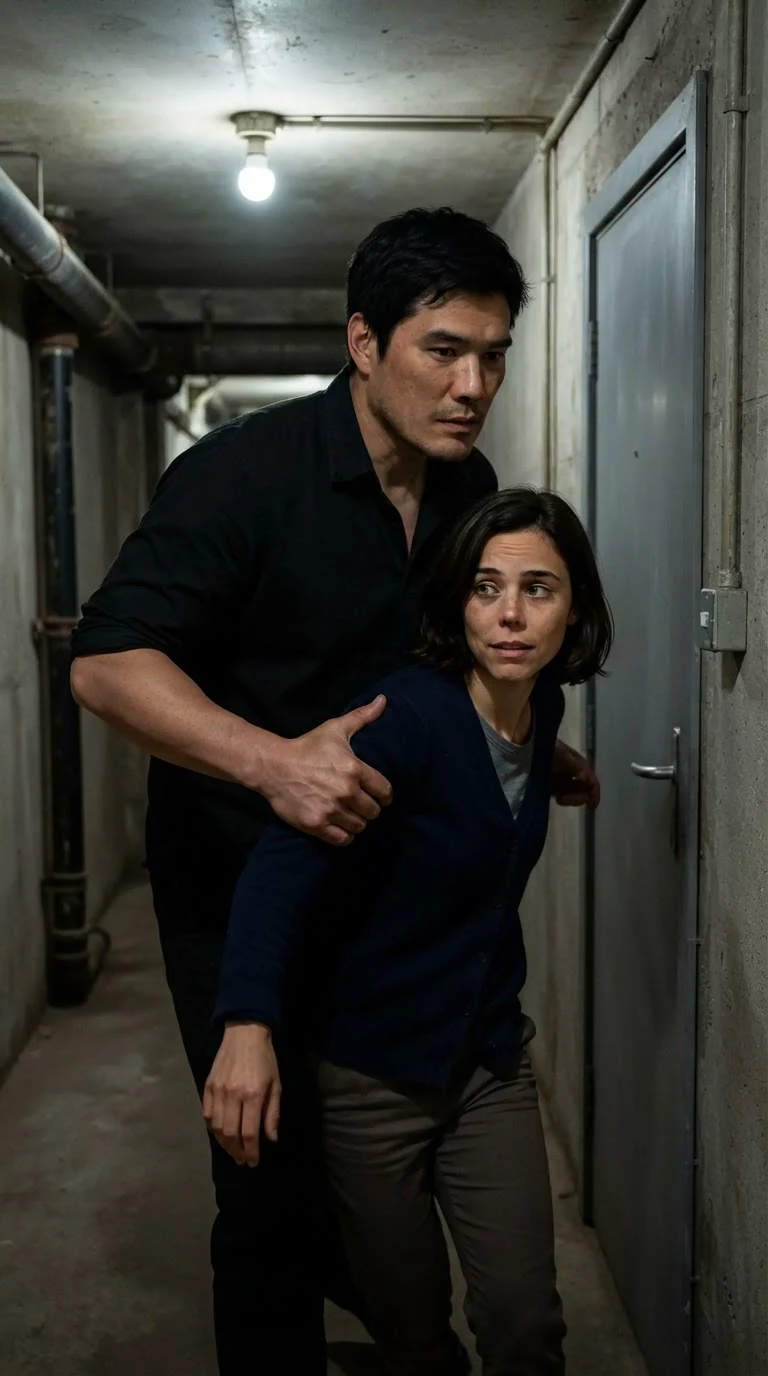 A big dark-haired man pulls her sideways out of the tunnel, one hand firm on her arm, his face close and urgent.