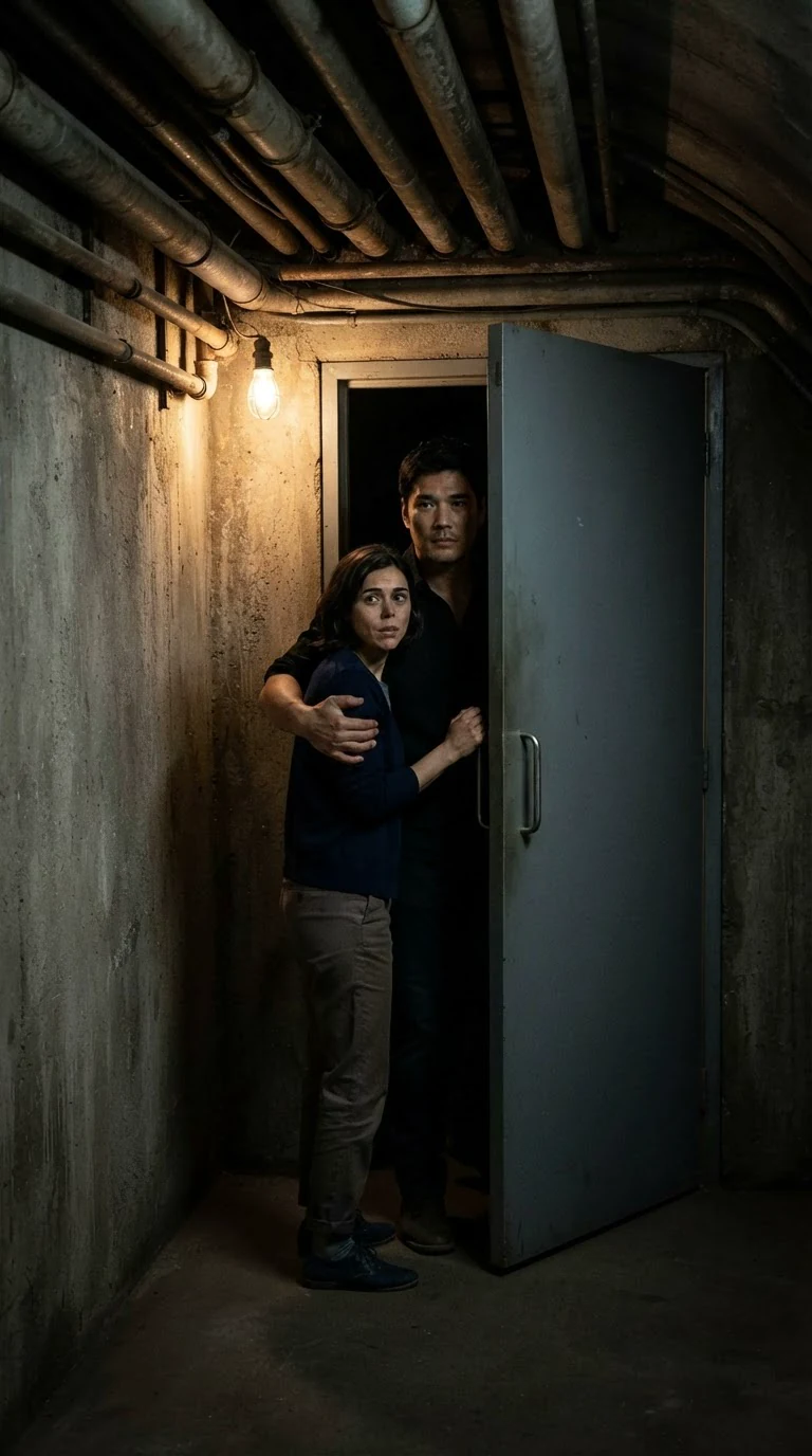 A hidden grey door in the tunnel wall swings open and the man pulls her through into darkness.