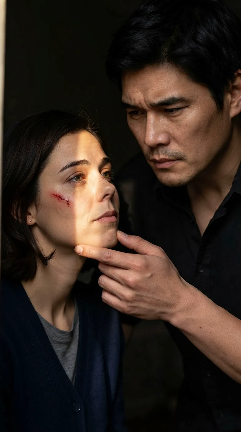 The man lifts her chin gently with two fingers to look at the graze on her cheek, his brow furrowed.