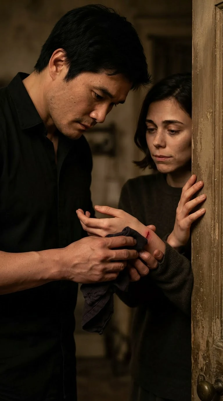 The man turns her wrist over in his big careful hands, pressing a folded cloth to the cut.