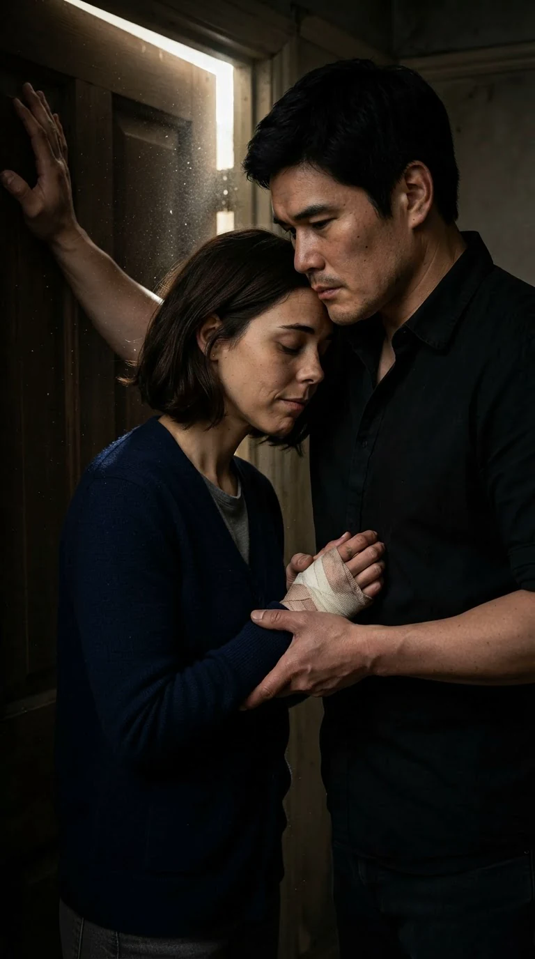 She sags against his hand on the door, eyes closed, his shoulder near her forehead.