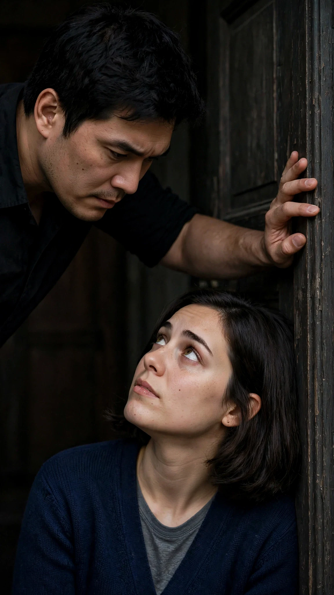 The tall man looks down at her, jaw working, refusing to answer, his hand still on the door.
