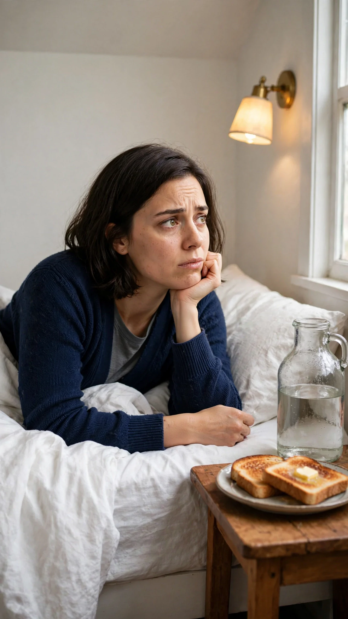 Mabel wakes in a small white back room, blinking at a lamp and a jug of water.