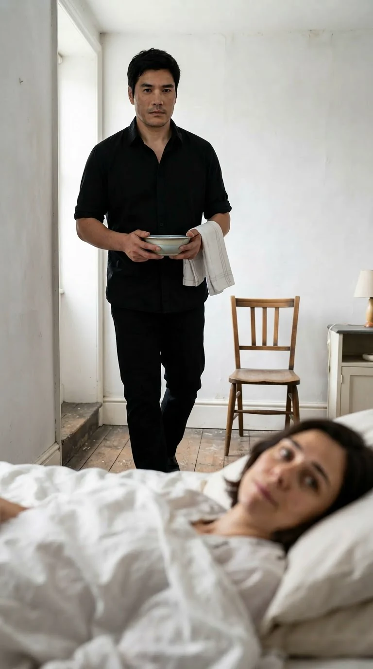 Ambrose comes in carrying a bowl of water and a cloth, sleeves rolled.