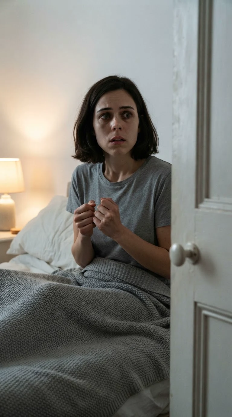 Mabel flinches hard at a slam in the hall, eyes wide, hands knotted in the blanket.