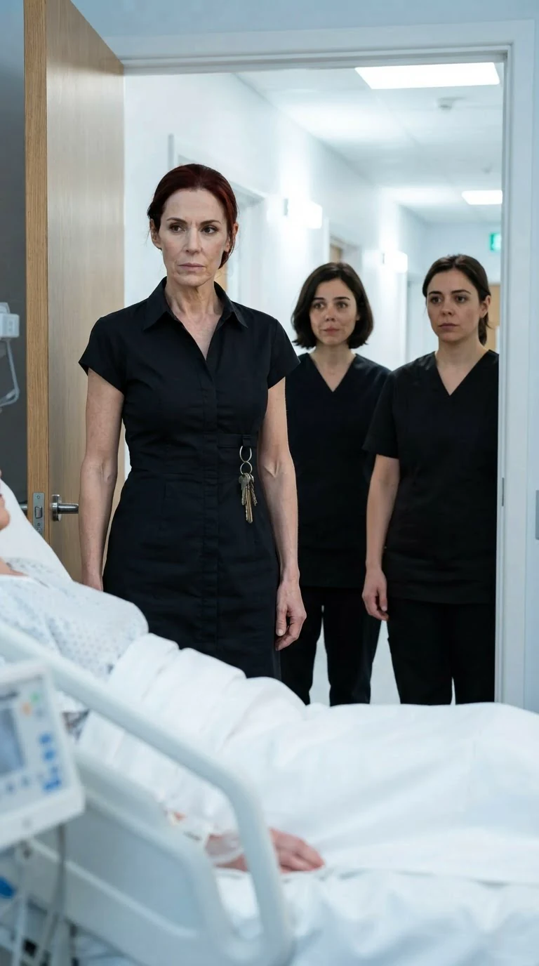 Three staff including Gwen stand in the doorway, watching Mabel like a problem.
