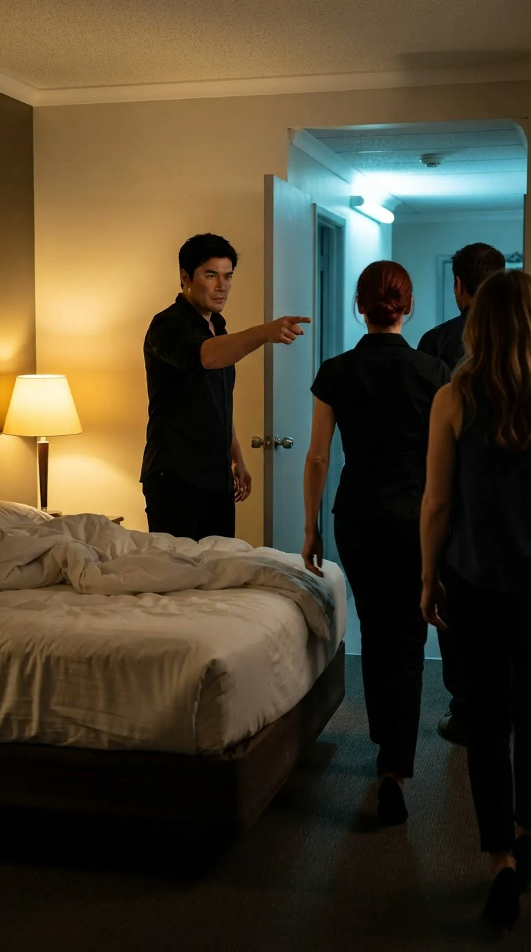 Ambrose turns on the doorway, jaw hard, one arm out, and the staff back away.