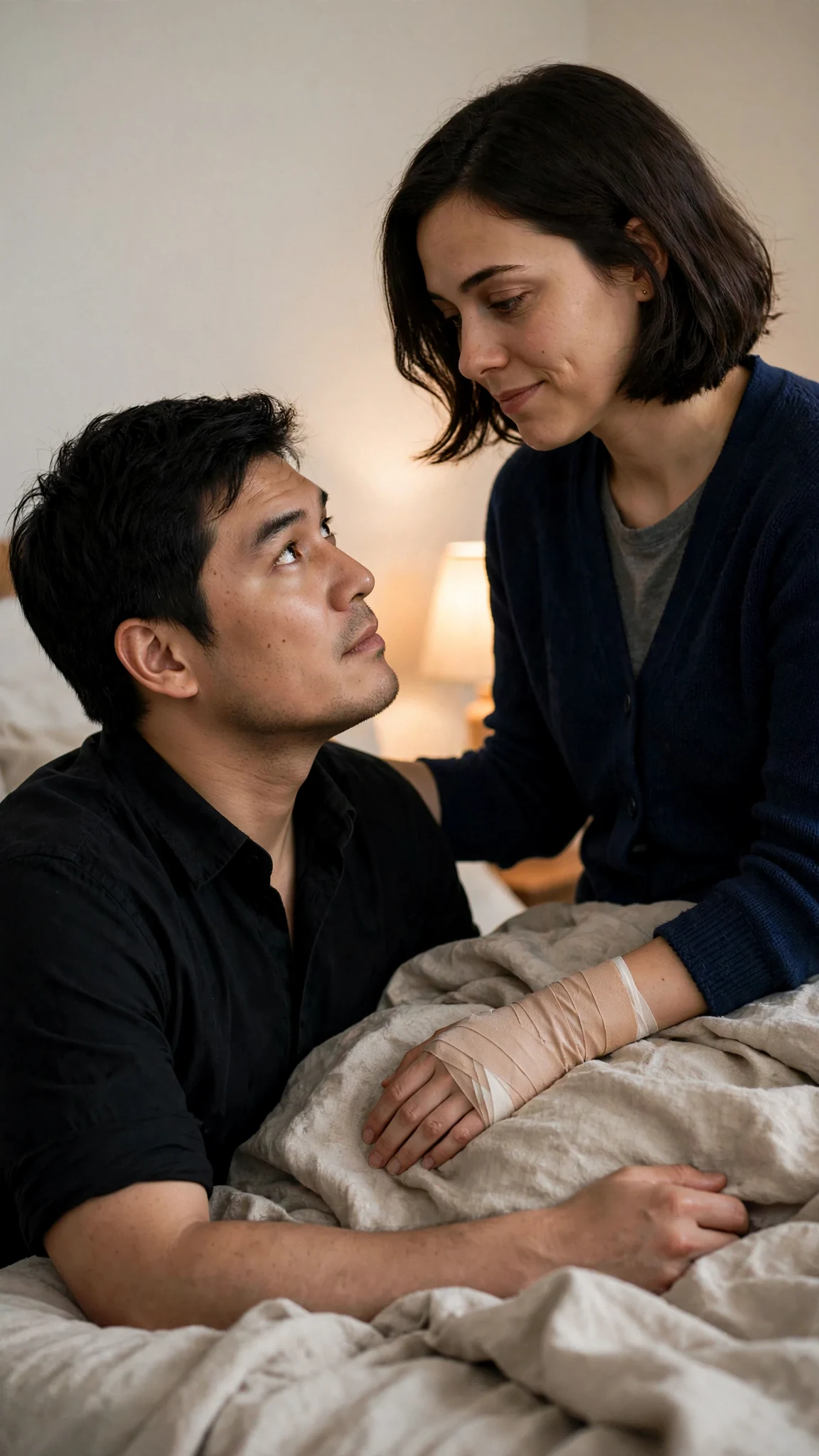 Ambrose looks up at her from the bedside and refuses to answer.