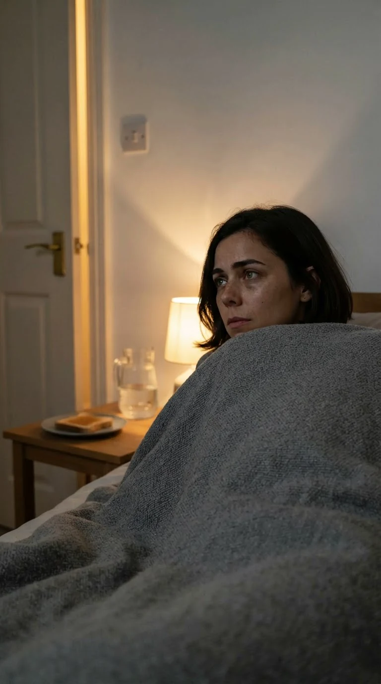 Mabel alone in the lamp-lit room, blanket to her chin, staring at the door.