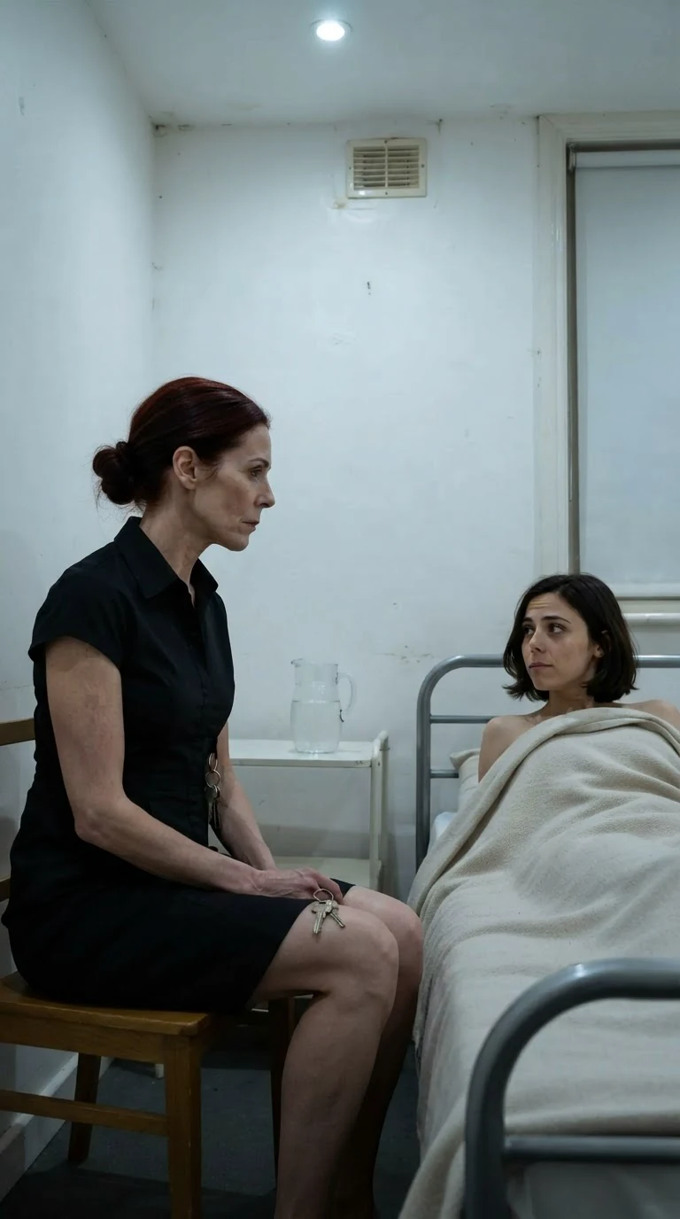 Gwen sits down opposite Mabel in the small white room, keys on her lap.