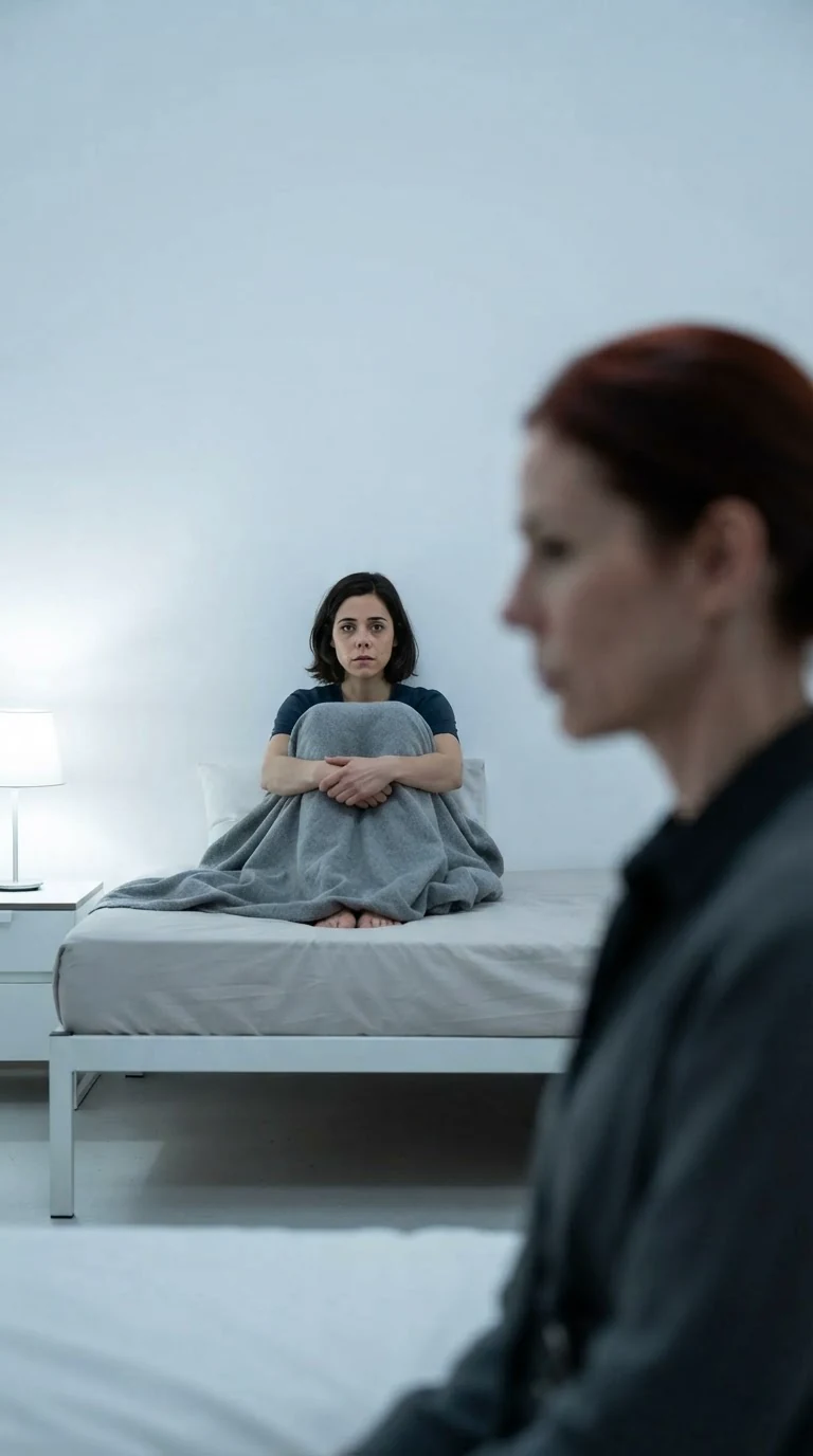 Mabel sitting small on the bed, staring at nothing, Gwen waiting.