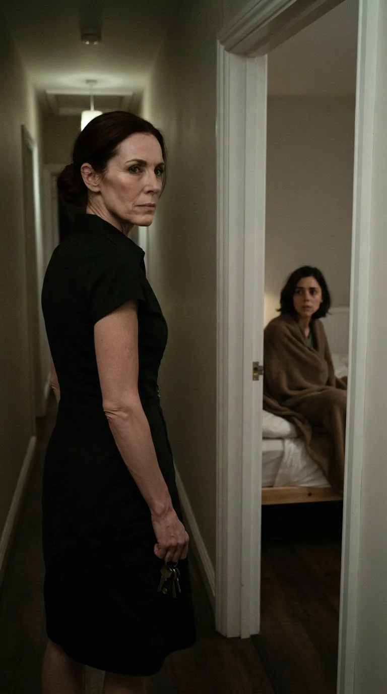 Gwen pausing at the open door, looking back at Mabel with a weary face.