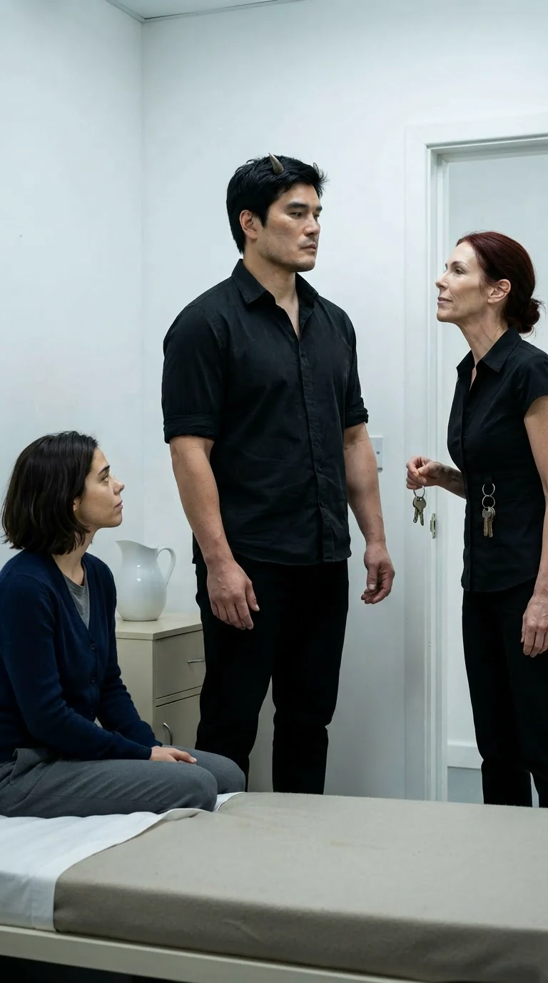 Gwen pausing in the doorway with a flat look, Ambrose standing between her and Mabel.
